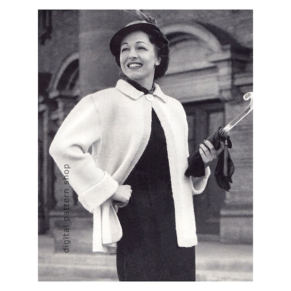 1940s Swing Jacket Knitting Pattern, One Button Sweater Coat Womens Vintage Pattern PDF Instant Download- K80
