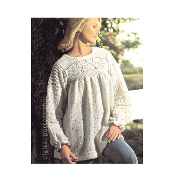 Boho Tunic Top Knitting Pattern, Knit Pullover Smock Sweater Pattern, Womens Jumper Long Sleeves Bust 34 36 38 PDF Instant Download K105