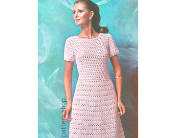 Robe ajustée et évasée au crochet pour femme, modèle de robe en dentelle des années 1970, modèle de robe à manches courtes PDF à téléchargement immédiat, taille S M L - C213