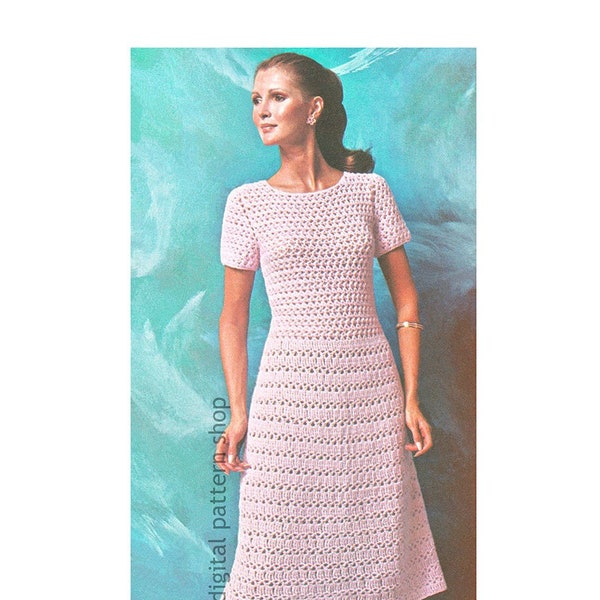 Fit & Flare Dress Crochet Pattern Womens 1970s Lacy Dress Pattern Short Sleeve Dress PDF Instant Download Size S M L - C213