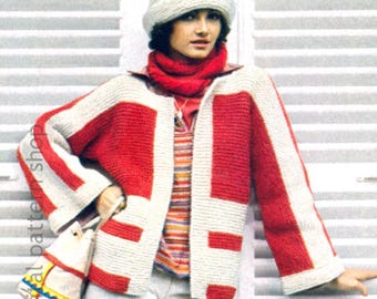 Wzór na damską kurtkę typu boxy jacket, dzierganą w jednym kawałku, z geometrycznym wzorem, sweter i czapka vintage z włóczki wełnianej, plik PDF do pobrania – K257