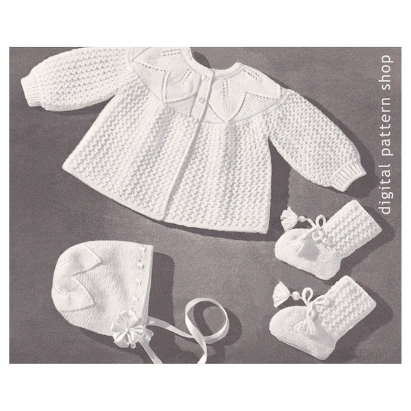 vintage Baby Knitting Pattern Sweater Bonnet Booties Leaf & Lace Pattern PDF Téléchargement instantané 3 mois K21