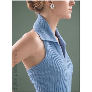 May include: A light blue, ribbed knit halter top with a collared neckline. The top is sleeveless and has a V-neck. The words "digital pattern shop" are printed vertically on the left side of the image.