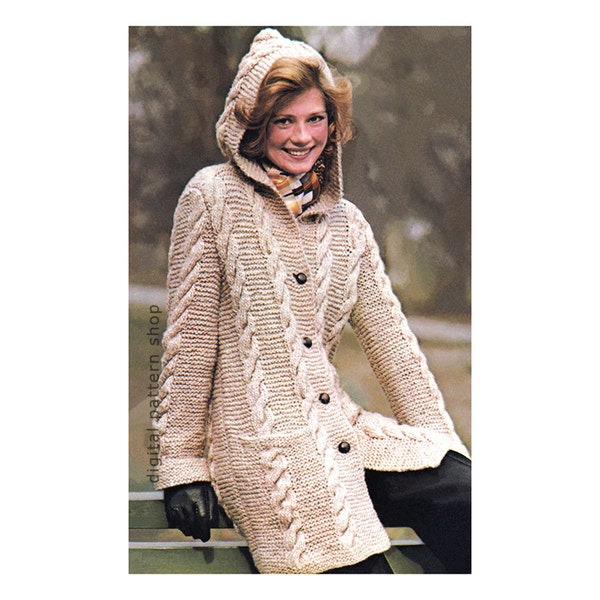 Knitting Pattern Womens Hooded Cabled Coat Pattern Knit Button Front Bulky Sweater Cardigan Knitting Pattern PDF Instant Download -K81