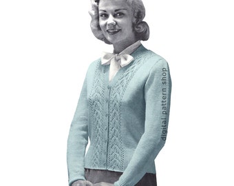 50s Cardigan Knitting Pattern Lace Trimmed Knit Sweater Pattern Jumper Button Front Womens PDF Instant Download - K56