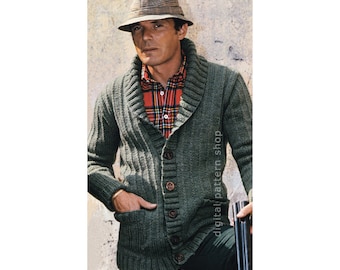 Mens Knit Cardigan Pattern Shawl Collar Sweater Jacket Knitting Pattern PDF Instant Download M L XL - K75