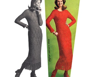 Molde de vestido de crochê, modelo vintage filet diamond com barra de franjas em PDF para download - C92