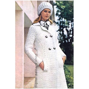 Crochet Coat Pattern Double Breasted Coat & Hat Crochet Pattern Womens Long Flared Jacket Printable Instant Download PDF - C146