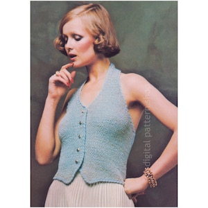 70s Buttoned Halter Top Knitting Pattern, Knit Halter Vest Shaped Hem, Vintage Waistcoat for Women Instant Download PDF Pattern - K164