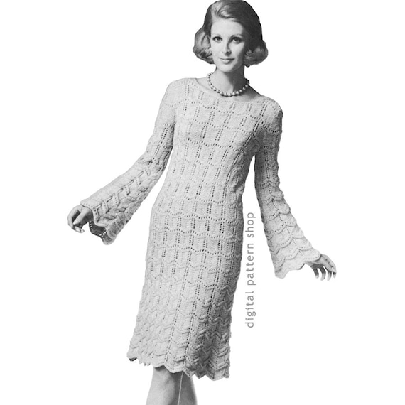 Trompet mouw jurk breipatroon Vintage gebreide jurk patroon lange Bell Sleeve jurk Womens PDF patroon Instant Download K95 Etsy Nederland