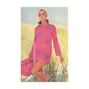 Crochet Dress Pattern Flower Beach Dress Pattern Womens Mesh Cover Up Long Sleeve Mini Dress PDF Instant Download C105