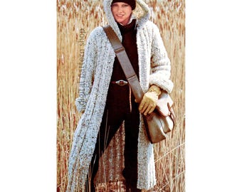 Hooded Coat Knitting Pattern, Knit Long Sweater Cardigan with Hood for Women PDF Instant Download -K223