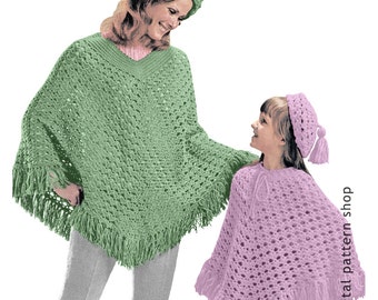 Beret Hat & Poncho Crochet Pattern- 1970s Vintage Womens and Girls Pattern PDF Instant Download C68