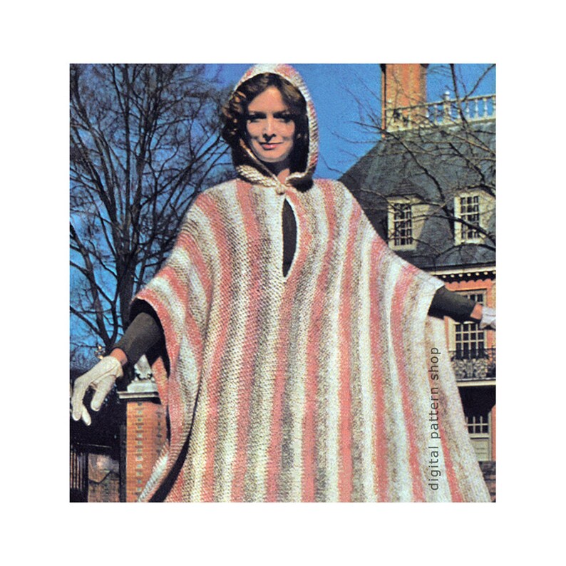 Poncho Knitting Pattern Vintage Hooded Poncho Pattern Womens Striped