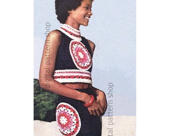 Modello vintage anni '70 all'uncinetto: top corto a mezza vita con medaglione e pantaloni (PDF da scaricare) - C264