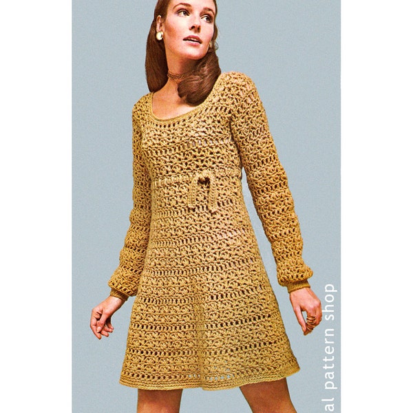 Crochet Dress Pattern Womens Vintage Empire Mini Dress Crochet Pattern PDF Instant Download Size 8 to 14- C56