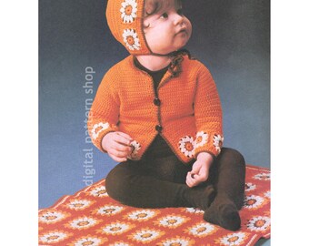 70s Baby Crochet Pattern, Granny Square Cardigan Sweater, Hat & Blanket Digital PDF C277