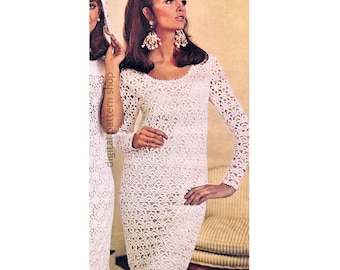 Molde de crochê para vestido de renda vintage dos anos 60 para mulheres, vestido de renda picot de manga comprida para download em PDF - C330
