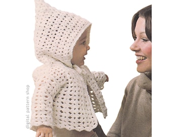 Crochet Pattern Baby Hoodie Pattern, Vintage Hooded Jacket Pattern Boys Girls Sweater Shell Stitch PDF Instant Download 6 Months 1 Year C170
