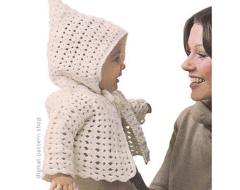 Patrón de crochet para sudadera con capucha para bebé, patrón de chaqueta con capucha vintage, suéter para niño y niña, punto de concha, descarga instantánea en PDF, 6 meses, 1 año, C170