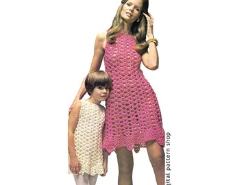 Wzór na sukienkę szydełkową Damska i dziewczęca sukienka letnia Wzór szydełkowy Sukienka dla mamy i dla mnie Natychmiastowe pobranie Wzór w formacie PDF DIY do wydrukowania C107