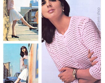 Schema all'uncinetto per cardigan anni '70, maglione vintage con bottoni a punto sbuffo per donna da scaricare in formato PDF - C384