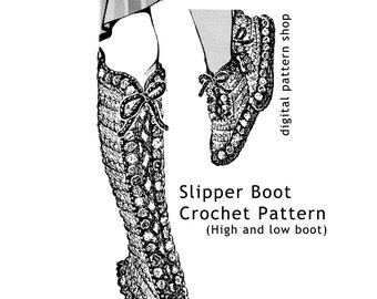 Crochet Pattern Slipper Boot, Vintage High Laced Boot & Low Laced Slipper Pattern Instant Download PDF Size Adult Teen S M L - C04
