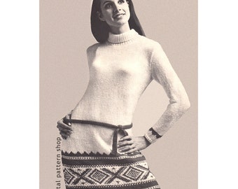Molde para vestido de tricô, modelo vintage com gola alta e estampa geométrica, mangas compridas, download instantâneo em PDF - K45