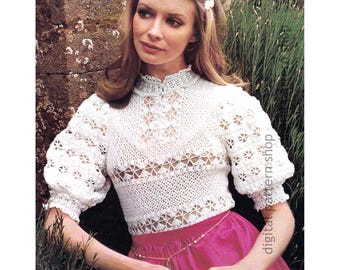 Lacy Top Crochet Pattern, 70s Vintage Feminine Blouse with Puff Sleeves, Lace Jumper Sweater PDF Download - C355