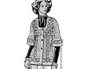 Crochet Rose Motif Sweater Jacket Pattern, Feminine Cardigan Square Neck PDF Download - C111