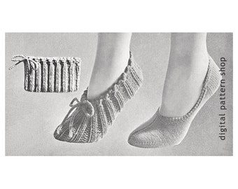 Knit Slippers Pattern- 1950s Vintage Travel Slippers Knitting Pattern Womens Bag Slippers and Footlets Instant Download PDF - K43