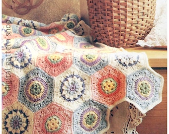 Motif au crochet afghan hexagonal, Afghan vintage pastel de motifs carrés de grand-mère polygone, jeté de lit PDF à téléchargement immédiat - C351