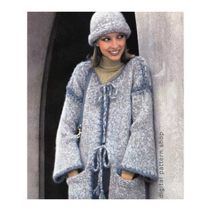 Long Jacket Knitting Pattern Crochet Edging, Hat Long Knit Sweater Coat and Cap for Women Downloadable Pattern PDF- K66