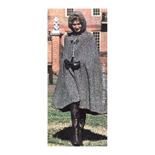 Long Hooded Cape Knitting Pattern, 1970s Vintage Knit Cape with Arm Openings, Cloak Open Poncho PDF Instant Download - K57