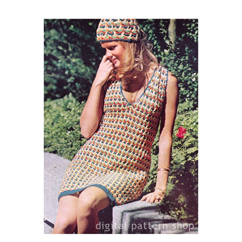 Crochet Dress Pattern Vintage Cap & Dress, Four Color Sleeveless V Neck Dress Crochet Pattern Womens PDF Instant Download C174 image 1