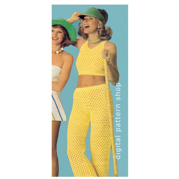 Crochet Pattern Crop Top & Pants Vintage 70s Midriff Top and Pants Pattern Mesh Top and Trousers PDF Download Womens Size 8 to 12 - C118