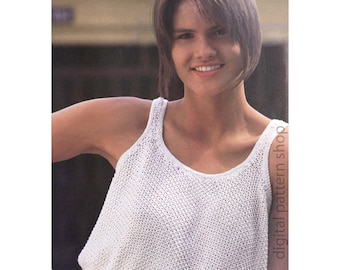 Tank Top Knitting Pattern, Vintage Crop Top for Women, Scoop Neck Midriff Top Moss Stitch PDF Download K204
