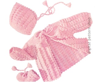 Wzór na szydełkowy sweterek dla niemowląt, czapeczka i buciki, szydełkowy zestaw ściegów muszlowych, wzór wyprawki w formacie PDF do natychmiastowego pobrania, niemowlę do 6 miesięcy, C164