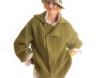 Chunky Coat Knitting Pattern, Button Up Bulky Knit Sweater In Rib Stitch PDF Download -K208