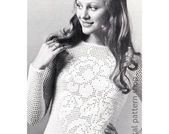 Wzór na sweter filetowy, duży top vintage z różą, bluzka szydełkowa z długim rękawem, wzór PDF - C353