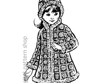Molde de crochê para casaco e chapéu infantil dos anos 70, jaqueta com motivo de quadrados estilo anos 70, tamanhos 2 a 12, download em PDF - C399