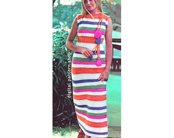 Crochet Dress Pattern, Vintage Above Ankle Striped Empire Dress PDF Download - C30
