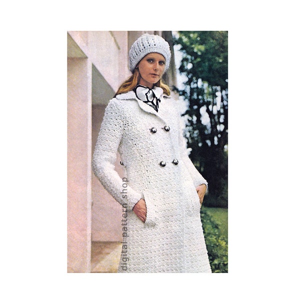 Cappotto all'uncinetto modello cappotto doppio petto e cappello modello all'uncinetto giacca lunga svasata da donna download immediato stampabile PDF - C146