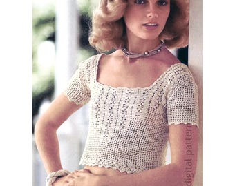 Padrão de blusa de crochê filé, blusa curta de gola quadrada, blusa de crochê com mangas curtas, padrão vintage, download em PDF, tamanho 6 a 14 - C326