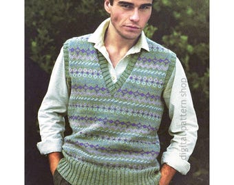 Modello per gilet in maglia Fair Isle da uomo, modello per maglione senza maniche con scollo a V, modello per maglia in PDF da scaricare immediatamente - K212