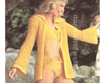 Molde de crochê para biquíni e saída de praia, jaqueta vintage, molde de maiô em PDF para download - C242