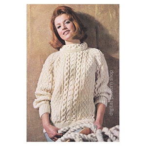 Bulky Pullover Cable Sweater Knitting Pattern, Aran Knit Turtleneck Sweater, Jumper Womens Size 32 to 46 PDF Download K137