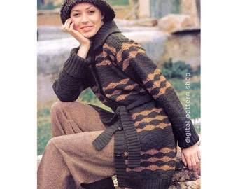 Modello di cappotto all'uncinetto Maglione cardigan Modello all'uncinetto con finiture in maglia Colori a contrasto da donna Modello scaricabile PDF - C135