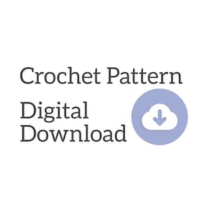 Pu&ograve; includere: Download digitale di uno schema di uncinetto, indicato da una nuvola bianca con una freccia rivolta verso il basso su un cerchio blu chiaro. Il testo "Crochet Pattern" e "Digital Download" &egrave; in nero.