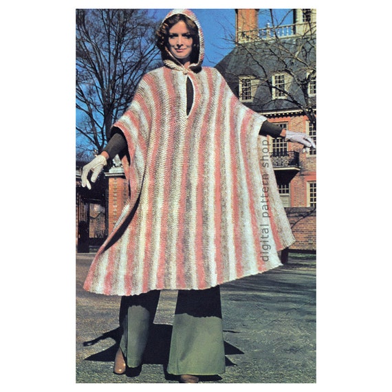 Poncho Knitting Pattern Vintage Hooded Poncho Pattern Womens Striped Hooded Cape Pdf Instant Download K86